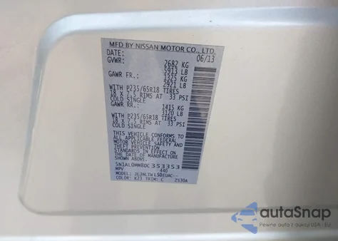 2013 Infiniti Jx35 z USA, uszkodzony, nr VIN 5N1AL0MM8DC353353